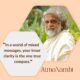 Atma Nambi in a serene garden, radiating peace and clarity, with a quote on inner guidance