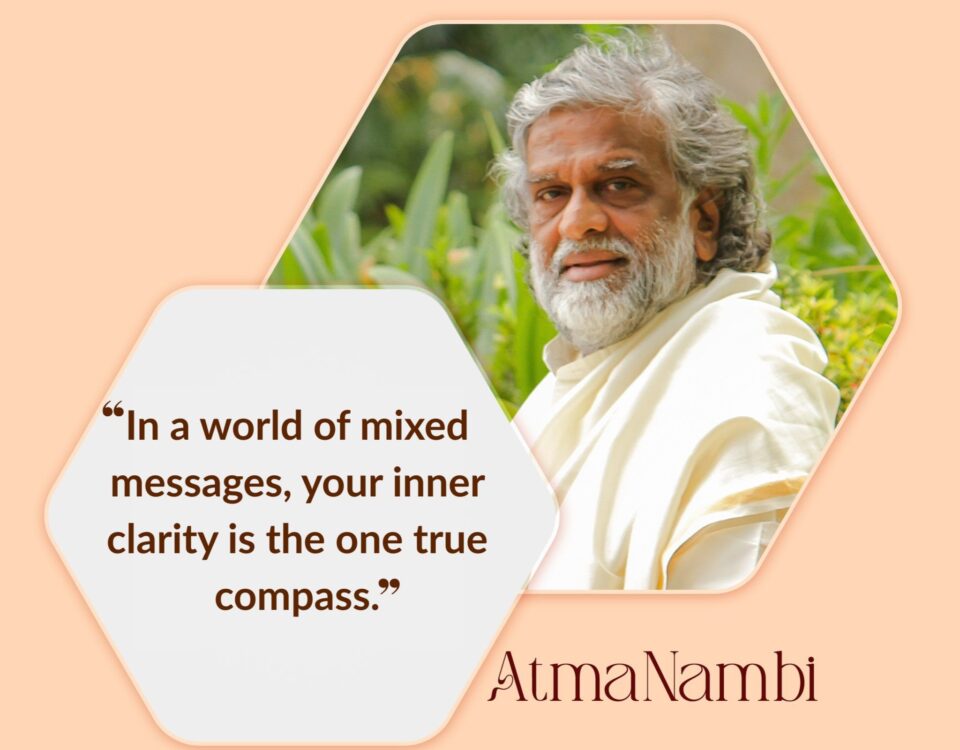 Atma Nambi in a serene garden, radiating peace and clarity, with a quote on inner guidance