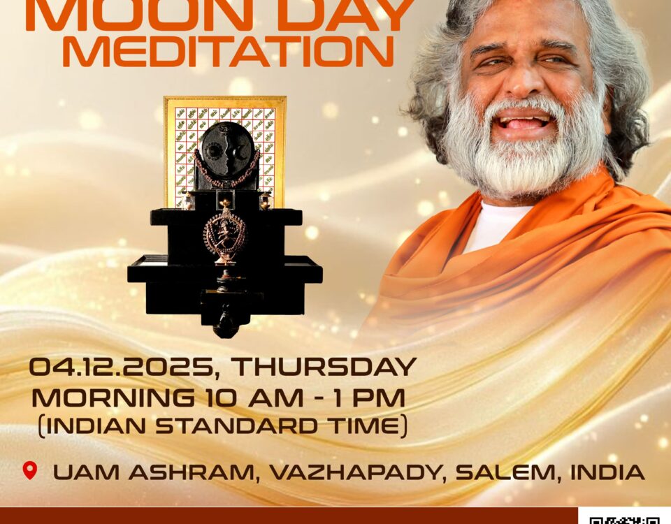 Full Moon Day Meditation 2025 poster featuring Guru AtmaNambi and event details at UAM Ashram, Salem.