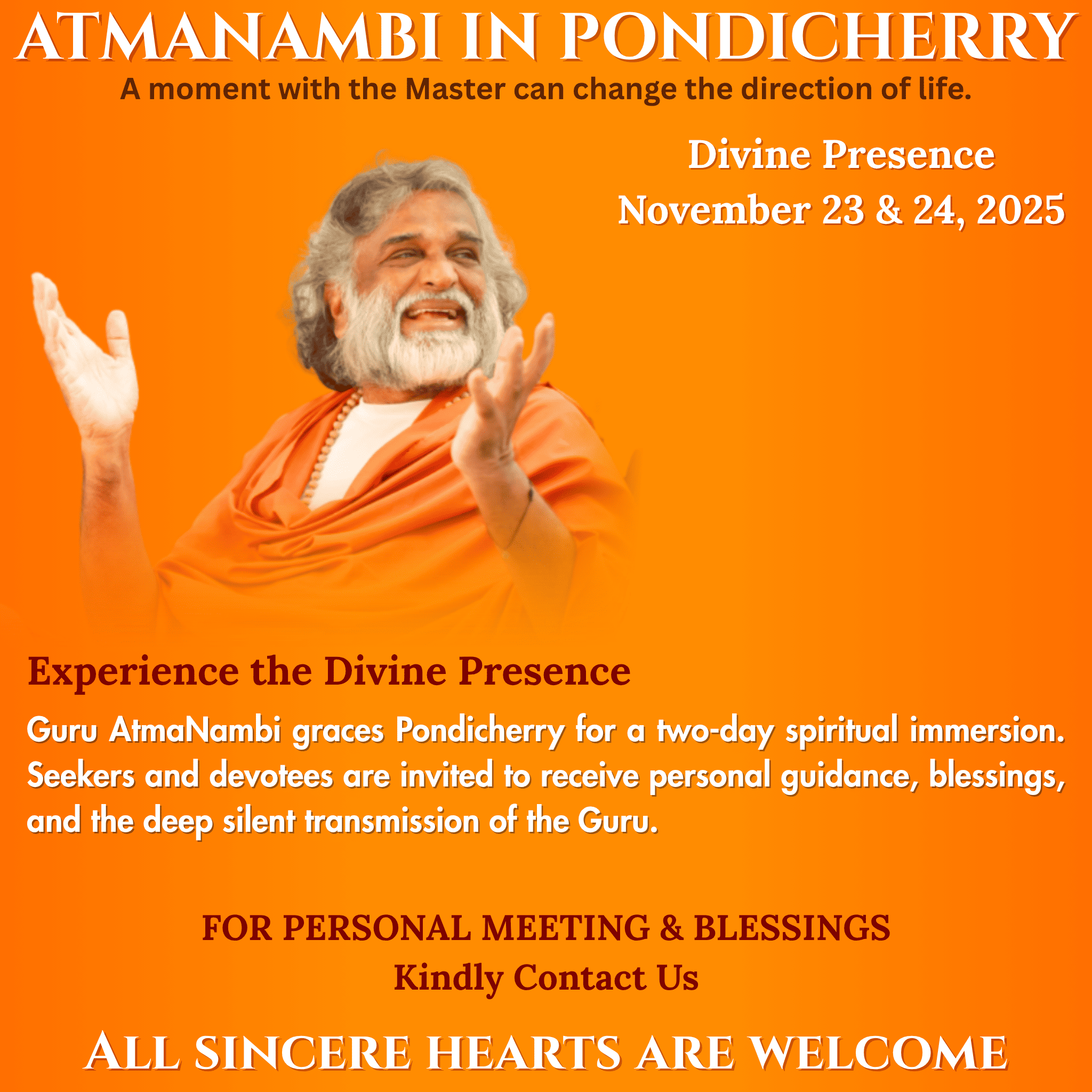 tmaNambi Pondicherry event poster — Divine Presence on November 23 and 24, 2025 for personal meetings and blessings.