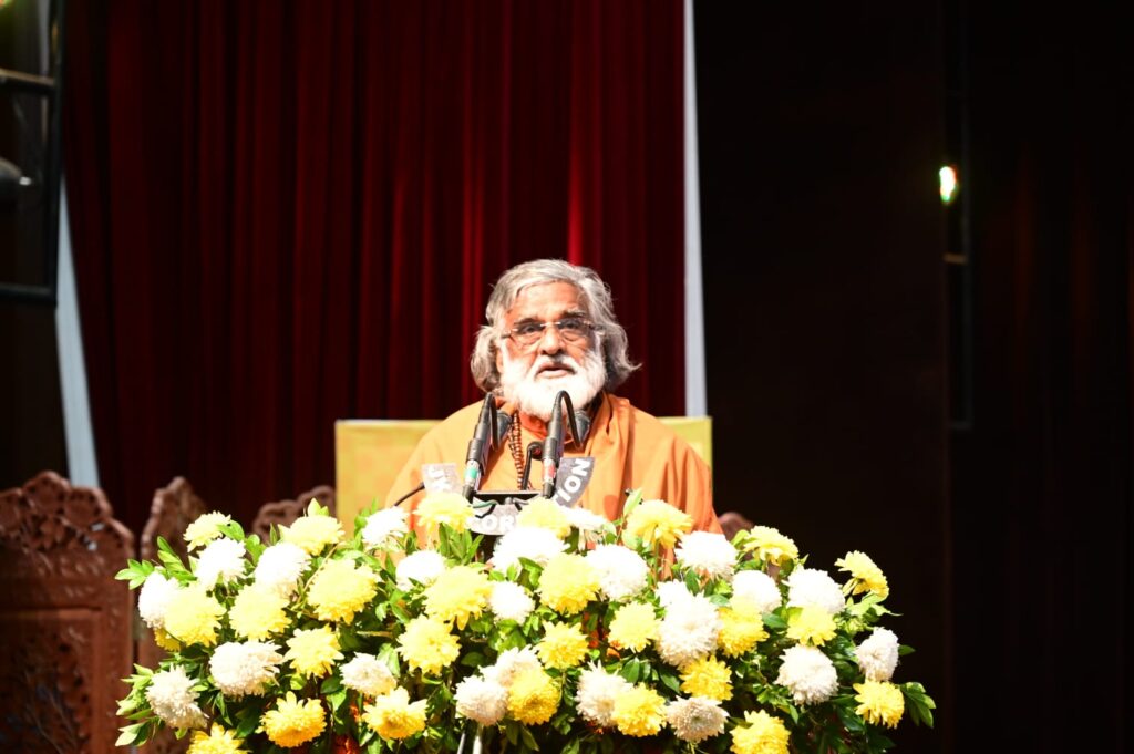 AtmaNambi delivering inspiring spiritual speech at Operation Sindoor housing ceremony