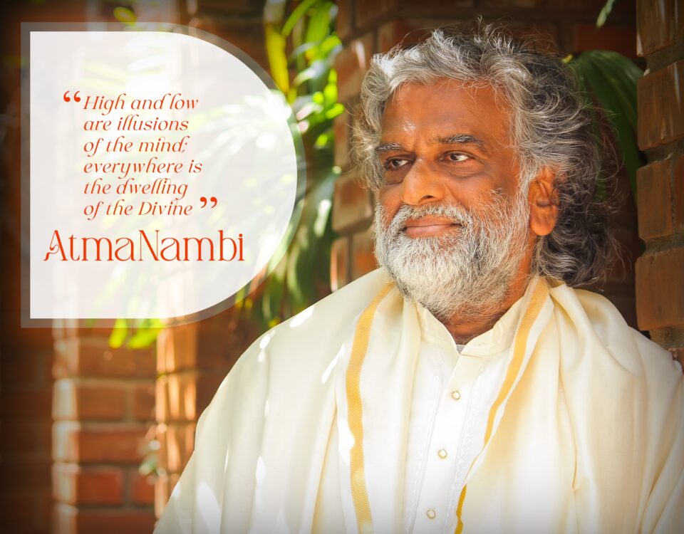 Daily wisdom quote by AtmaNambi on the Divine dwelling everywhere beyond high and low