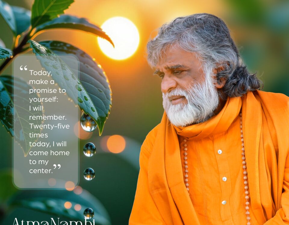 Master AtmaNambi in orange robes looking contemplative with a nature background and a quote about the promise to come home to your center.