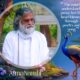 Guru AtmaNambi in white robes smiling gently, next to a vibrant peacock, with a spiritual quote about the mind understanding prose and the heart blooming through poetry.