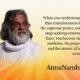 Portrait of Guru AtmaNambi with a spiritual quote about consciousness being the supreme power.