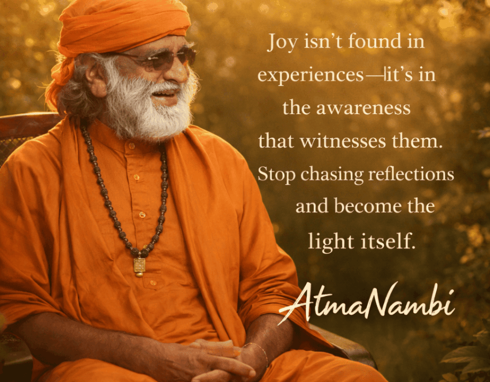 Guru AtmaNambi sitting in nature wearing orange robes, smiling, with a quote about finding joy in awareness rather than experiences.