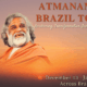 Guru AtmaNambi Brazil Tour banner with sunrise gradient background, featuring AtmaNambi’s image and event details for Awakening, Transformation, and Inner Freedom from December 13 to January 9 across Brazil.