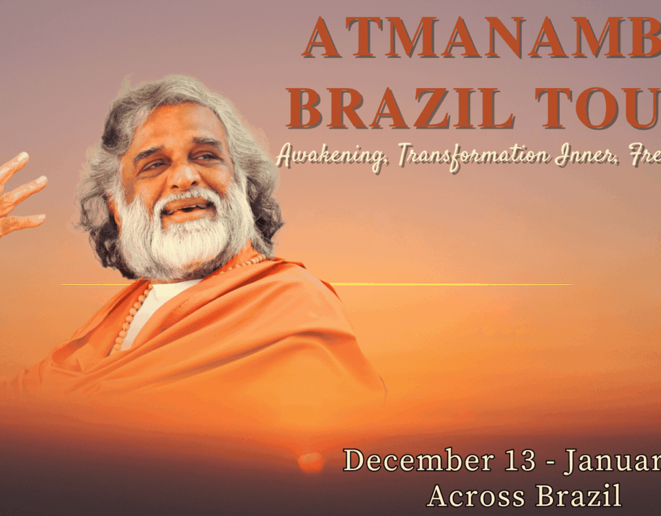 Guru AtmaNambi Brazil Tour banner with sunrise gradient background, featuring AtmaNambi’s image and event details for Awakening, Transformation, and Inner Freedom from December 13 to January 9 across Brazil.