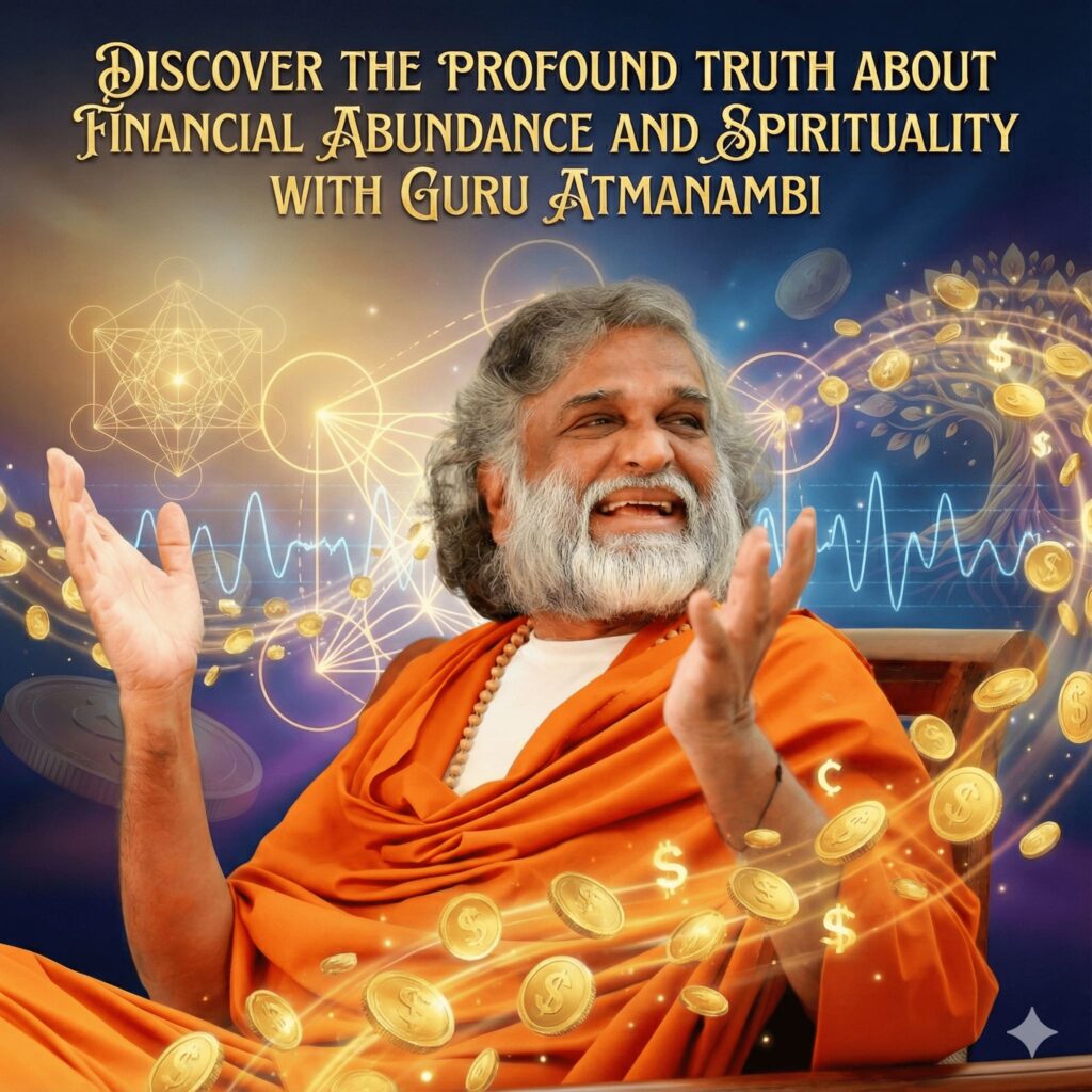Guru AtmaNambi explaining the connection between financial abundance and spirituality during a satsang.