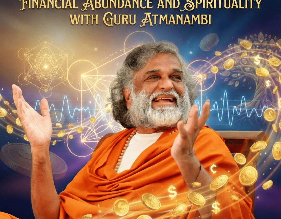 Guru AtmaNambi explaining the connection between financial abundance and spirituality during a satsang.