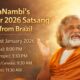Guru AtmaNambi smiling during New Year 2026 Satsang Live from Brazil announcement poster.