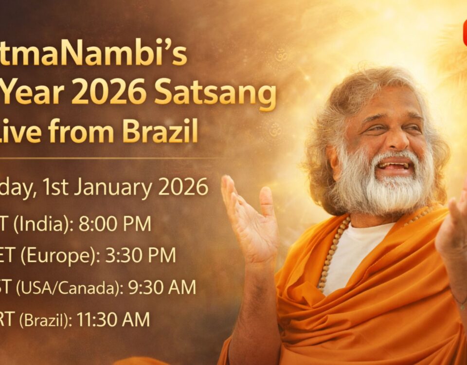 Guru AtmaNambi smiling during New Year 2026 Satsang Live from Brazil announcement poster.