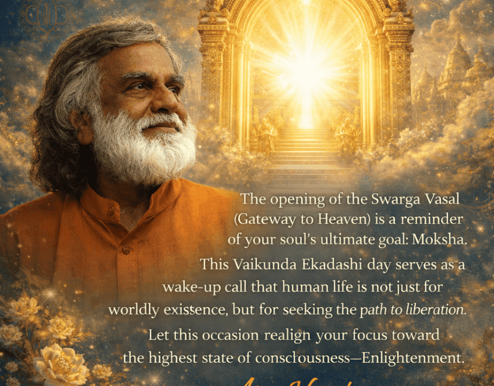 AtmaNambi smiling next to the golden Swarga Vasal gateway with a quote about Vaikunda Ekadashi and Moksha.