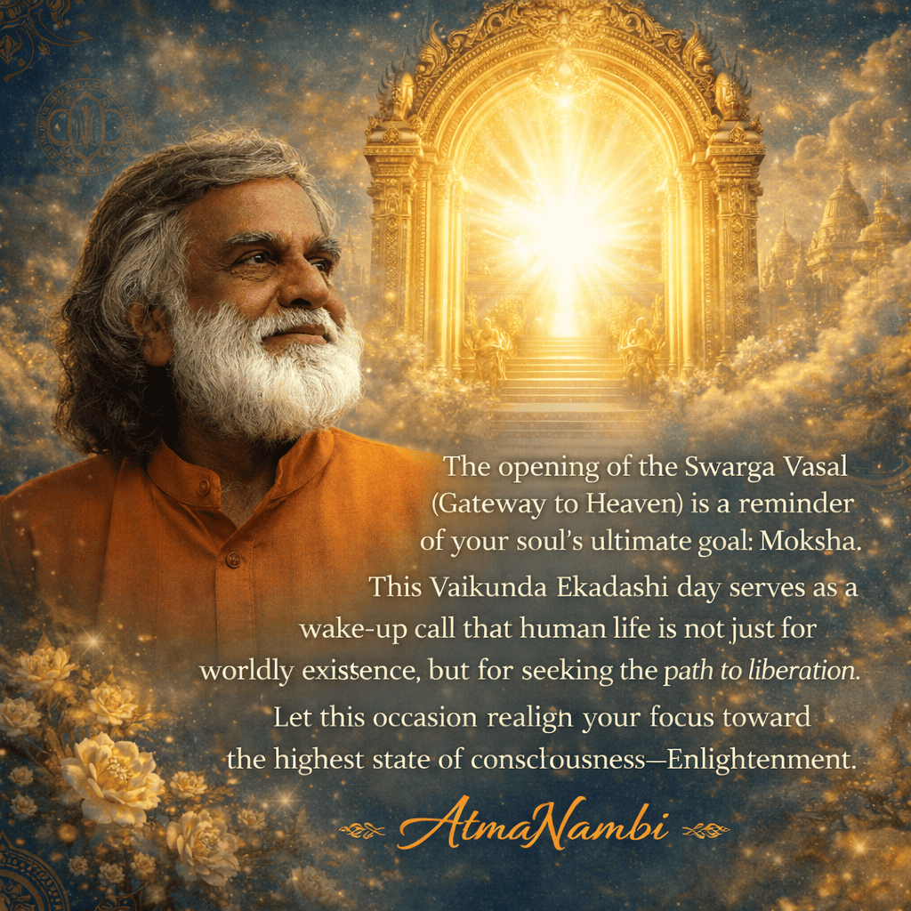 AtmaNambi smiling next to the golden Swarga Vasal gateway with a quote about Vaikunda Ekadashi and Moksha.