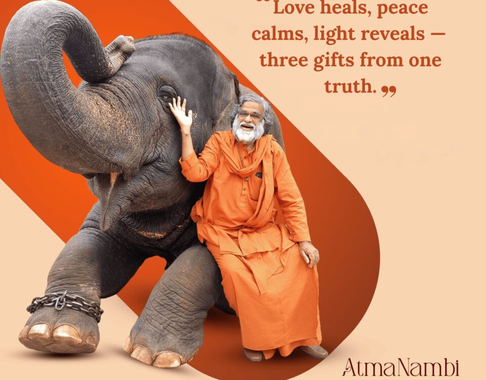 Guru AtmaNambi sitting peacefully beside an elephant, illustrating the spiritual meaning of the three gifts from one truth.