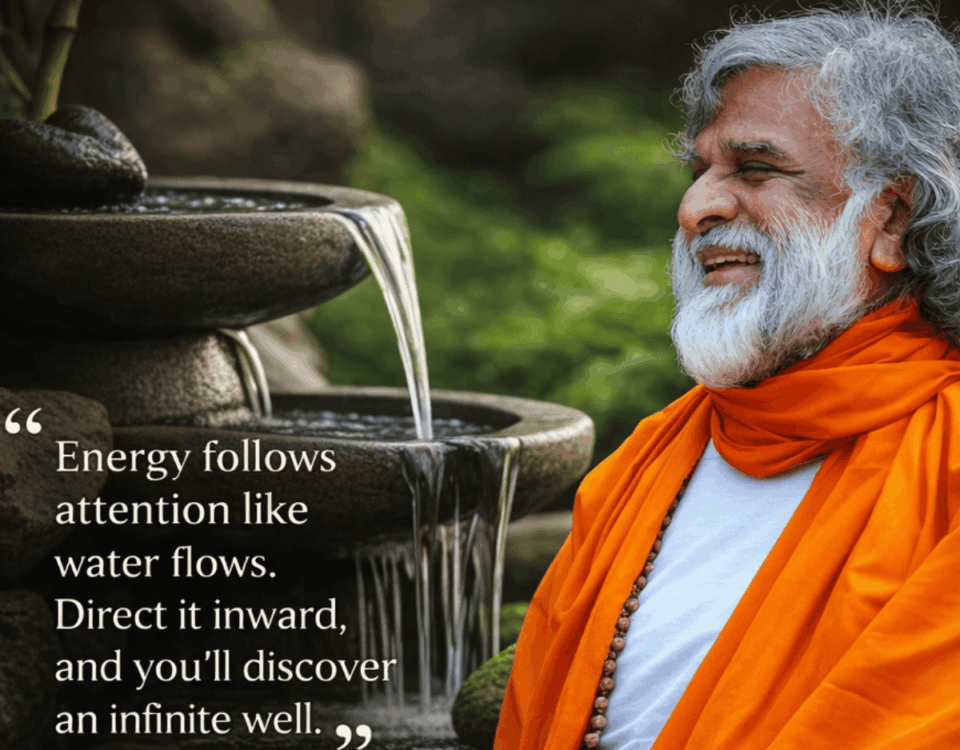 AtmaNambi spiritual poster beside flowing water fountain teaching how energy follows attention inward to discover the infinite well of inner consciousness and peace.