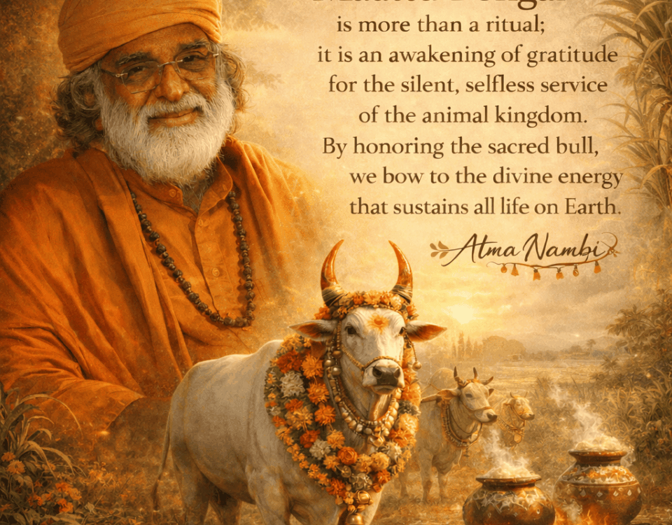 Poster of AtmaNambi with a decorated bull explaining the Mattu Pongal spiritual significance and gratitude to animals.