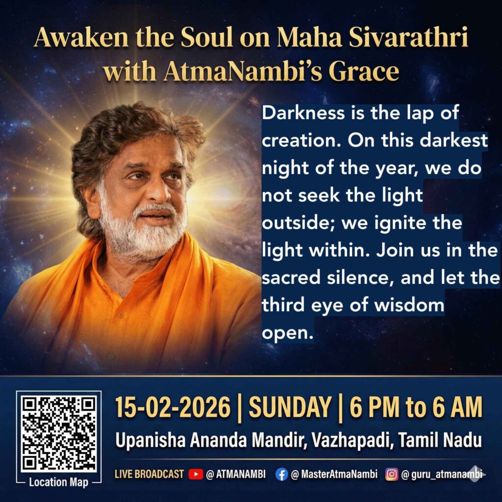Poster of AtmaNambi for Maha Sivarathri spiritual awakening, inviting seekers to ignite the light within during the darkest night of the year