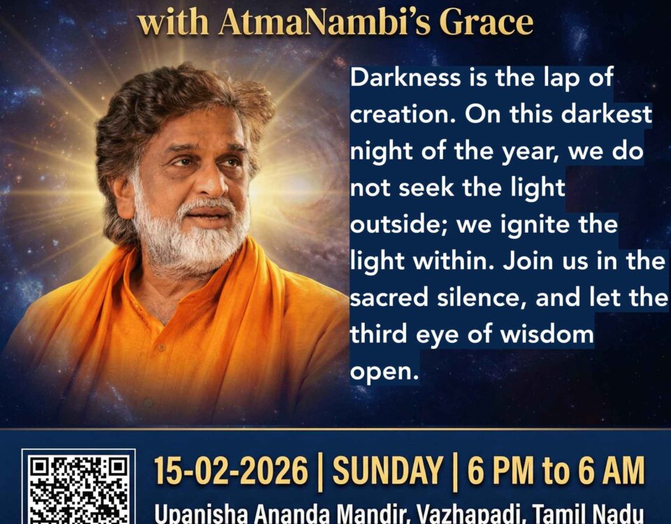 Poster of AtmaNambi for Maha Sivarathri spiritual awakening, inviting seekers to ignite the light within during the darkest night of the year
