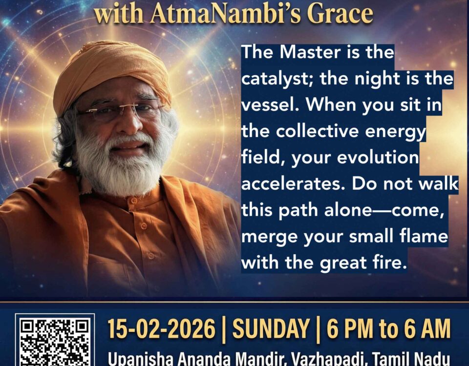 Master AtmaNambi smiling gently in a poster featuring a powerful AtmaNambi Maha Sivarathri teaching about the Master as a catalyst for spiritual growth.
