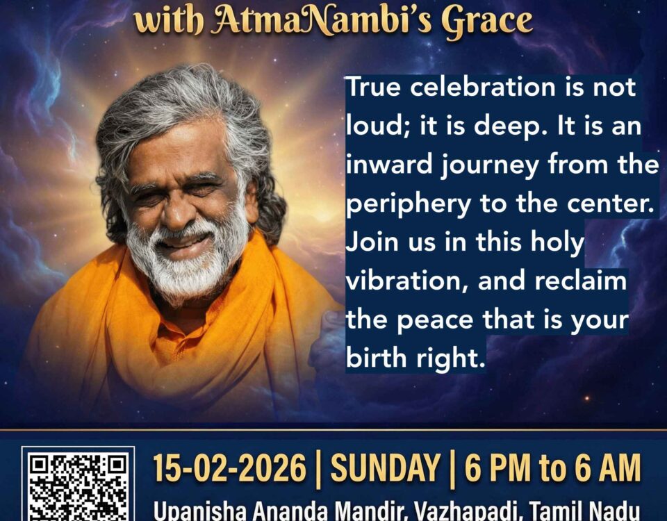 Master AtmaNambi smiling on a cosmic background teaching about the Maha Sivarathri inward journey and reclaiming peace.