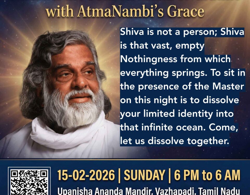 Poster of Master AtmaNambi teaching that Shiva is nothingness, inviting seekers to a Maha Shivratri spiritual awakening in 2026.