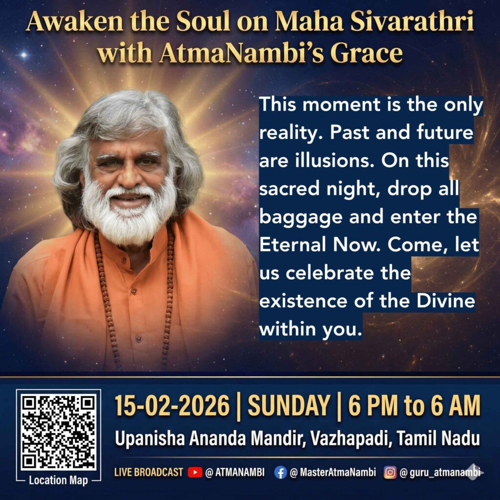 Master AtmaNambi in orange robes inviting seekers to a Maha Sivarathri awakening and meditation at Upanisha Ananda Mandir.