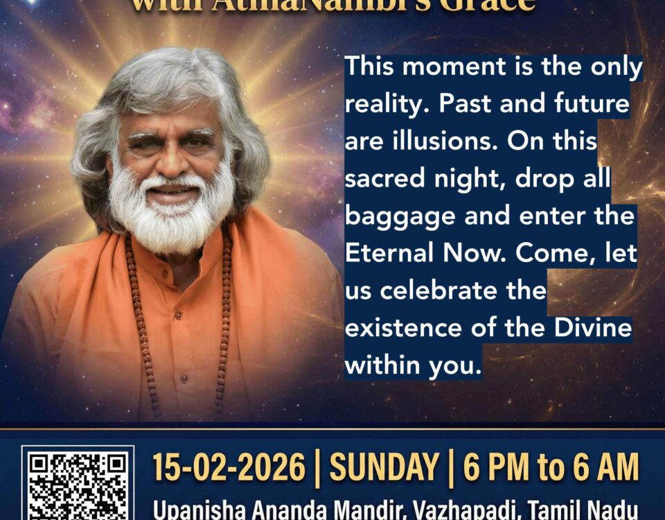 Master AtmaNambi in orange robes inviting seekers to a Maha Sivarathri awakening and meditation at Upanisha Ananda Mandir.