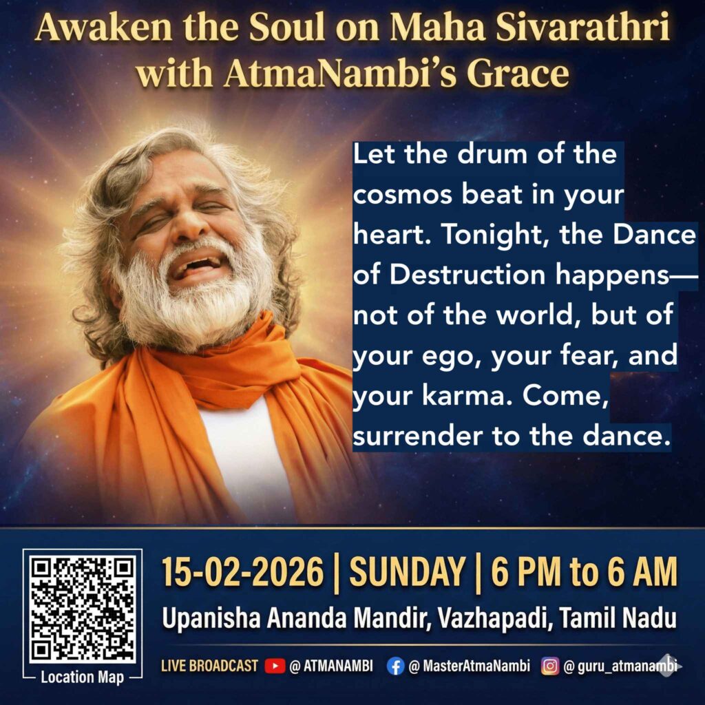 Master AtmaNambi poster sharing a Maha Sivarathri message about the dance of destruction and surrendering the ego.