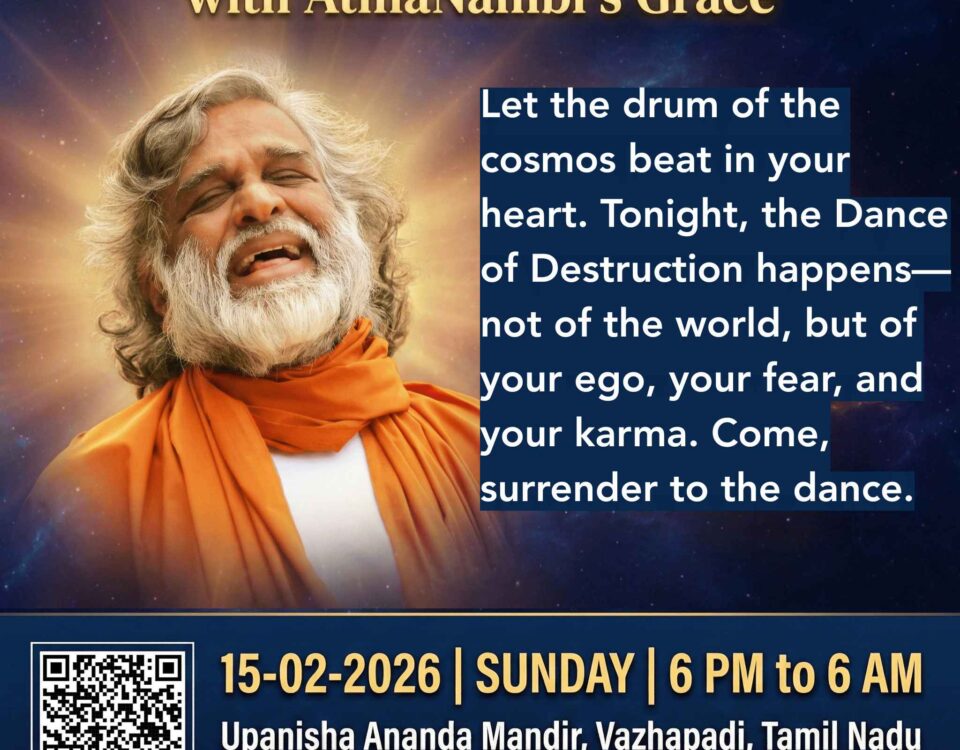 Master AtmaNambi poster sharing a Maha Sivarathri message about the dance of destruction and surrendering the ego.