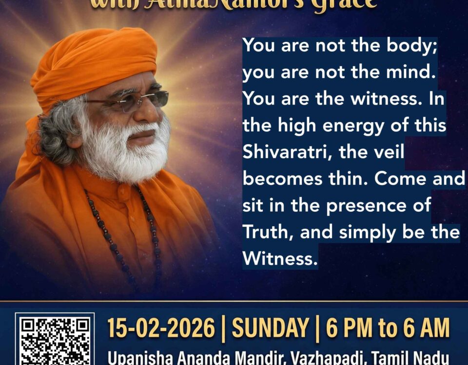 Poster of AtmaNambi teaching Maha Shivaratri spiritual awakening, inviting seekers to transcend the body and mind and remain as the witness.