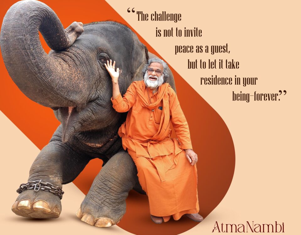 AtmaNambi spiritual master in orange robes with elephant, sharing wisdom on inner peace and letting peace reside in your being forever.