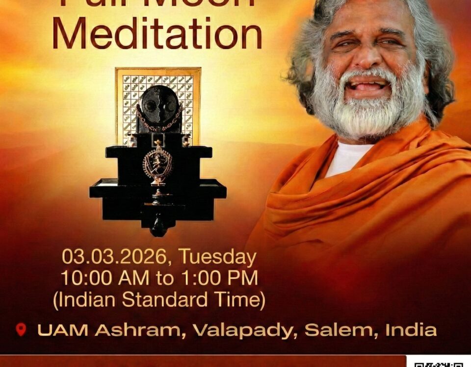 AtmaNambi full moon meditation live broadcast poster for 03 March 2026 at UAM Ashram, Valapady, Salem, India, featuring the enlightened master in saffron robes.