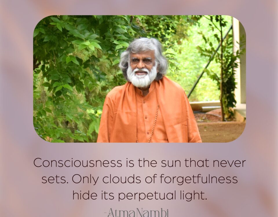 AtmaNambi spiritual poster with quote about consciousness as perpetual light never hidden, featuring the enlightened master in orange robes amid lush greenery.