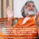 AtmaNambi spiritual quote poster with the enlightened Indian master in orange robes raising both hands joyfully, sharing his teaching to never sacrifice awareness for achievement as the soul craves presence over productivity.