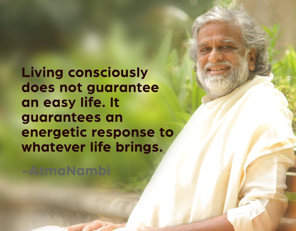 AtmaNambi spiritual quote poster showing the enlightened Indian master in white robes seated peacefully outdoors amid greenery, sharing his teaching that living consciously guarantees an energetic response to whatever life brings rather than an easy life.