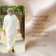 AtmaNambi spiritual poster with quote on your center never having left, featuring the enlightened master walking serenely in white and gold robes through a sunlit garden courtyard.