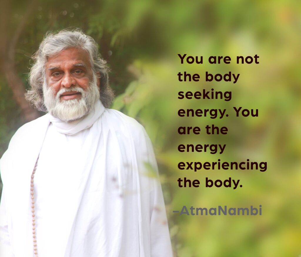 AtmaNambi, Indian enlightened master in white robes, with the spiritual quote "You are not the body seeking energy. You are the energy experiencing the body" — a pure energy spiritual awakening teaching.