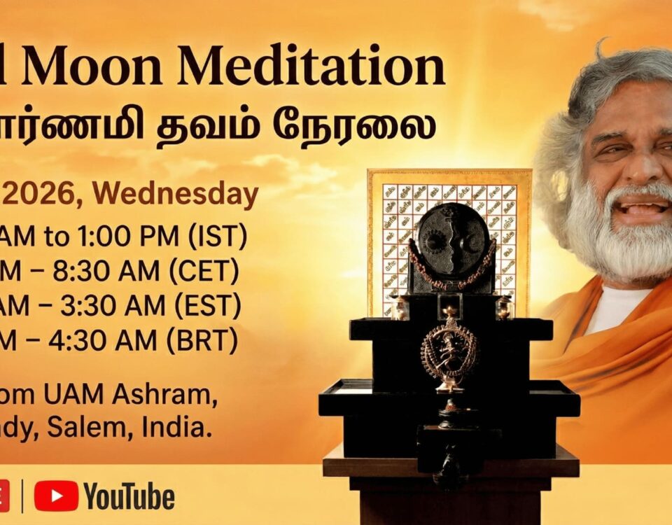 AtmaNambi leading Full Moon Meditation live from UAM Ashram, Valapady, Salem, India on 01 April 2026, with sacred shrine and golden spiritual ambiance.