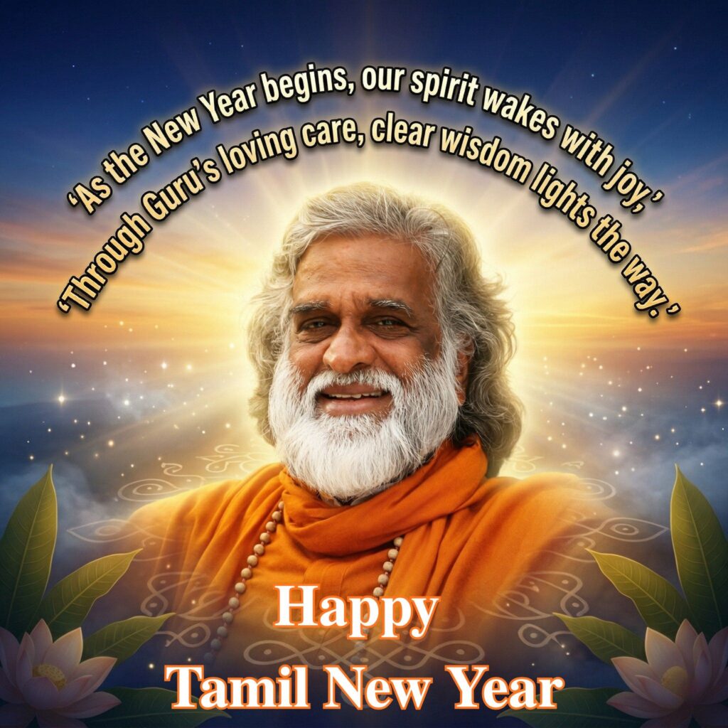 AtmaNambi radiating warmth on a Tamil New Year blessing poster with a quote on spiritual awakening through the Guru's loving care and wisdom.