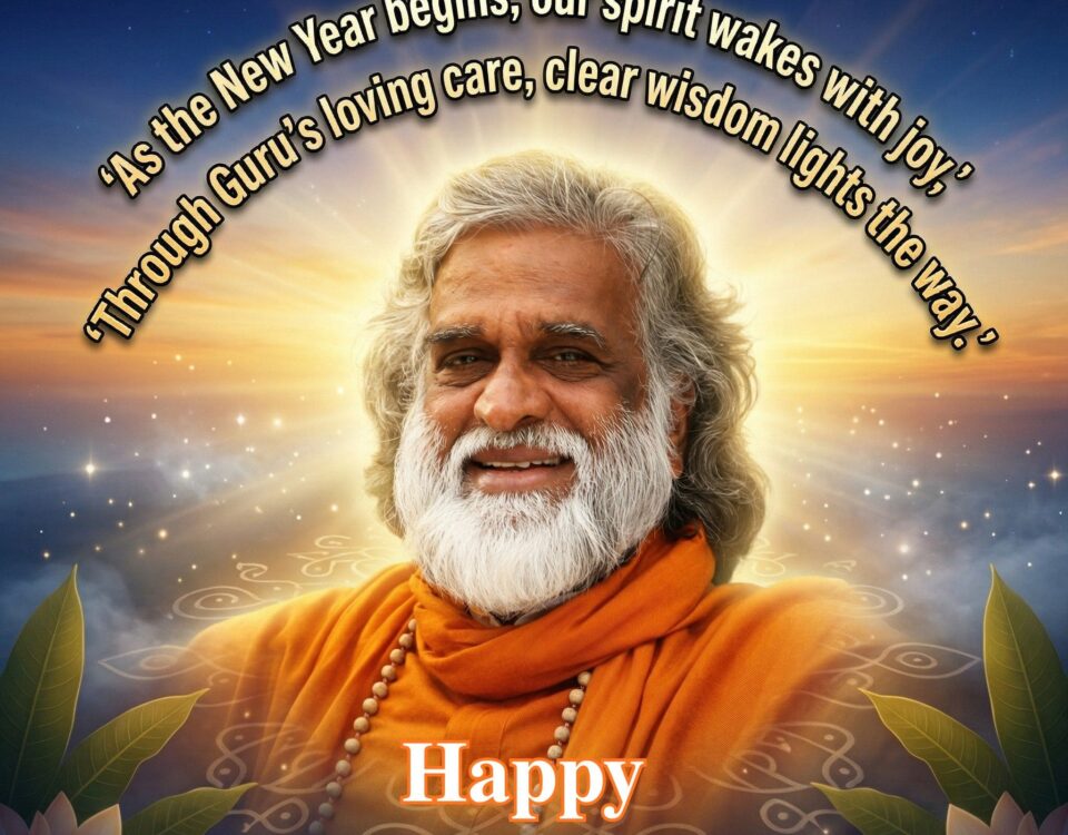 AtmaNambi radiating warmth on a Tamil New Year blessing poster with a quote on spiritual awakening through the Guru's loving care and wisdom.