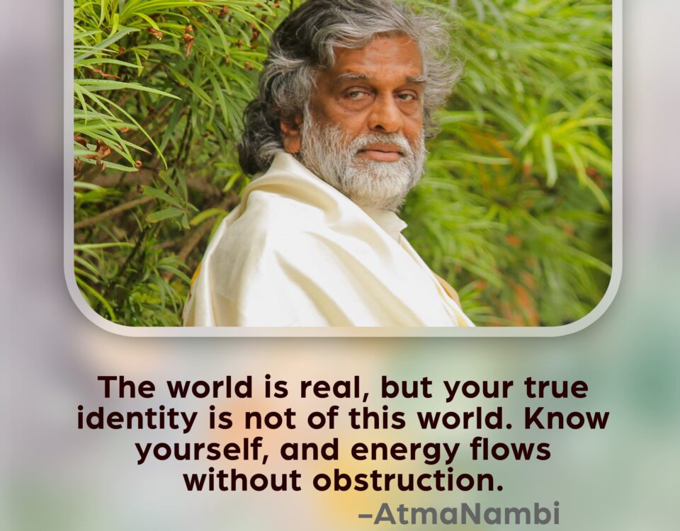 AtmaNambi spiritual quote poster on true identity beyond the world, teaching that self-knowledge dissolves inner obstruction and allows energy to flow freely.