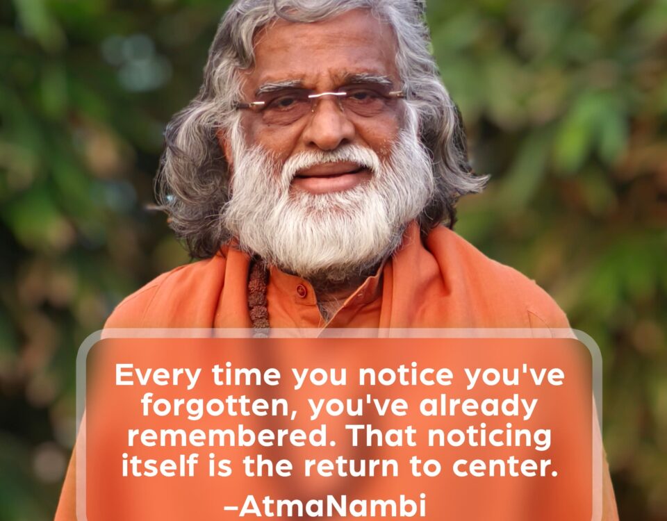 AtmaNambi in an earnest, direct gaze outdoors, sharing his teaching on return to center — that the very act of noticing you've forgotten is already the moment of remembering.