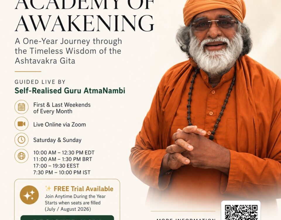 Self-Realised Guru AtmaNambi in saffron robes announcing the Academy of Awakening, a one-year live online journey through the Ashtavakra Gita wisdom starting July/August 2026.