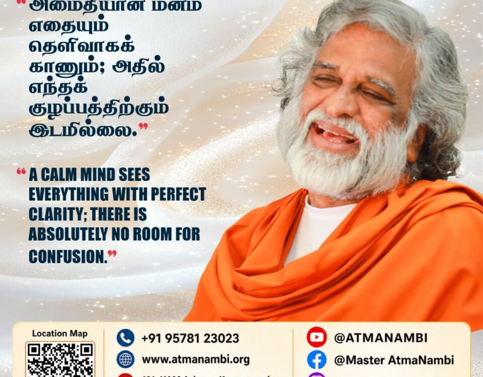 A beautifully designed poster featuring AtmaNambi on a calm mind, highlighting the spiritual truth that a tranquil mind sees everything with perfect clarity.