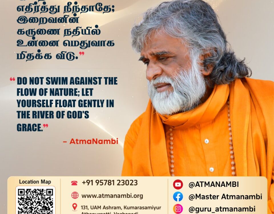 A beautifully designed poster featuring AtmaNambi on surrender, gently guiding us to stop swimming against nature and float in God's grace.