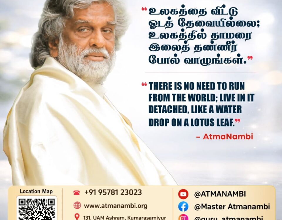 A beautiful poster featuring a teaching from AtmaNambi on detachment, guiding us to live in the world like a water drop on a lotus leaf.