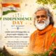 An Independence Day poster featuring a serene portrait of the master sharing wisdom from AtmaNambi on true freedom and awakening to the present moment.