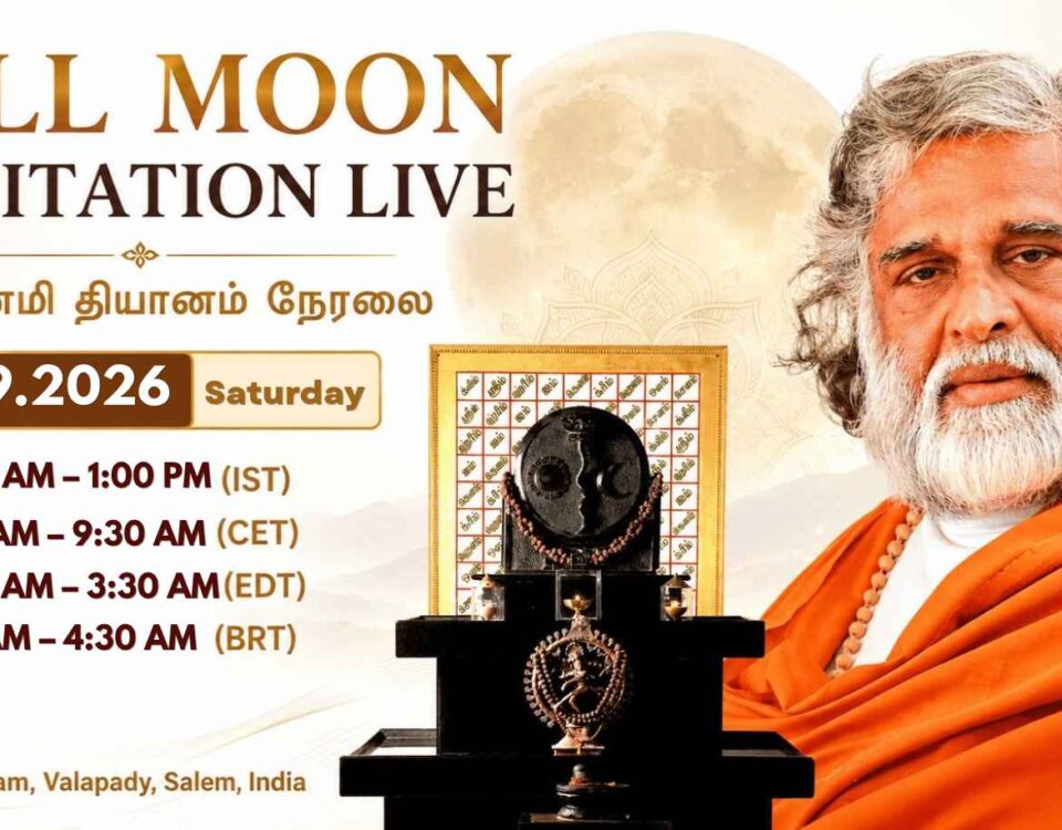 AtmaNambi sits in serene meditation before a sacred Nataraja shrine, inviting seekers to join the Full Moon Meditation Live for inner awakening.